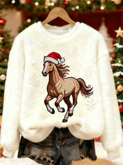 Women's Cute Horse Print Casual Flannel Sweatshirt