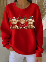 Women's Casual Retro Western Cute Christmas Highland Cow Ribbed Round-Neck Sweatshirt