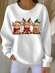 Women's Casual Retro Western Cute Christmas Highland Cow Ribbed Round-Neck Sweatshirt