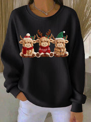 Women's Casual Retro Western Cute Christmas Highland Cow Ribbed Round-Neck Sweatshirt