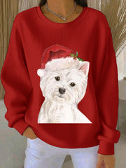 Women's West Highland White Terrier Westie Christmas Ribbed Round-Neck Sweatshirt
