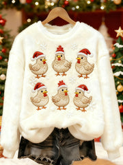 Women's Cute Christmas Chickens Print Casual Flannel Sweatshirt