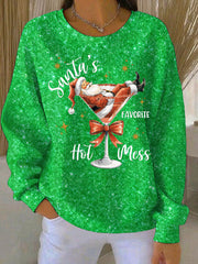 Women's Santa's Favorite Hot Mess Print Ribbed Round-Neck Sweatshirt