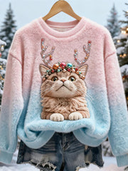 Women's Cute Christmas Cat Art Print Casual Flannel Hoodie