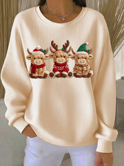Women's Casual Retro Western Cute Christmas Highland Cow Ribbed Round-Neck Sweatshirt