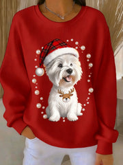 Women's  West Highland White Terrier Westie Christmas Ribbed Round-Neck Sweatshirt