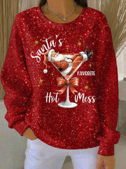 Women's Santa's Favorite Hot Mess  Print Ribbed Round-Neck Sweatshirt