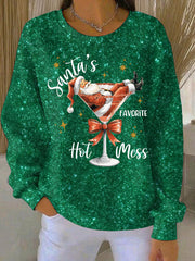 Women's Santa's Favorite Hot Mess  Print Ribbed Round-Neck Sweatshirt