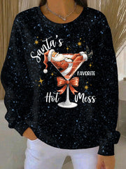 Women's Santa's Favorite Hot Mess  Print Ribbed Round-Neck Sweatshirt