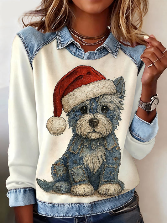 Women's Christmas Dog Art Print Patchwork Casual Sweatshirt