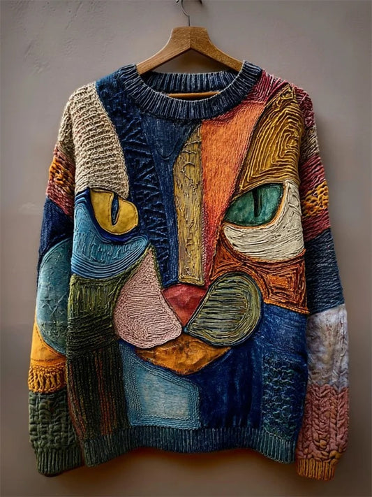 Women's Vintage Cat Art Print Art Casual Knitted Sweater