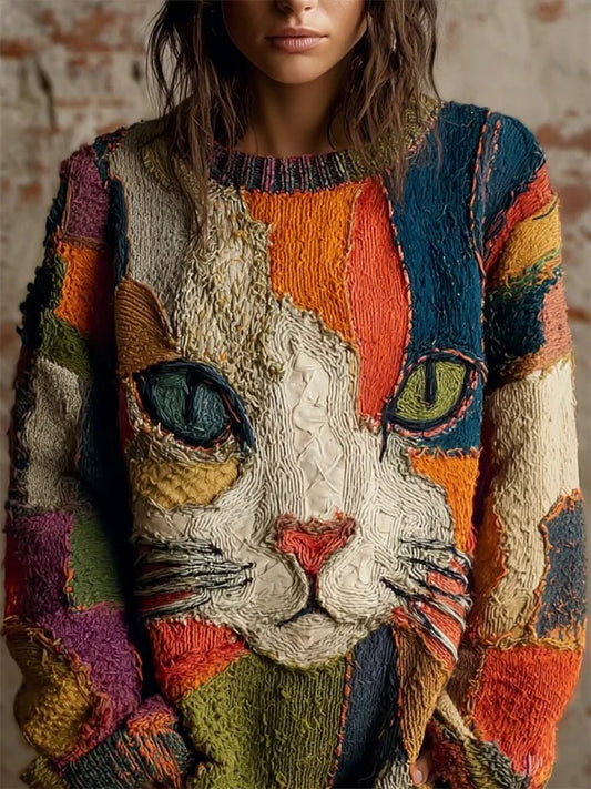 Women's Vintage Cat Art Print Art Casual Knitted Sweater